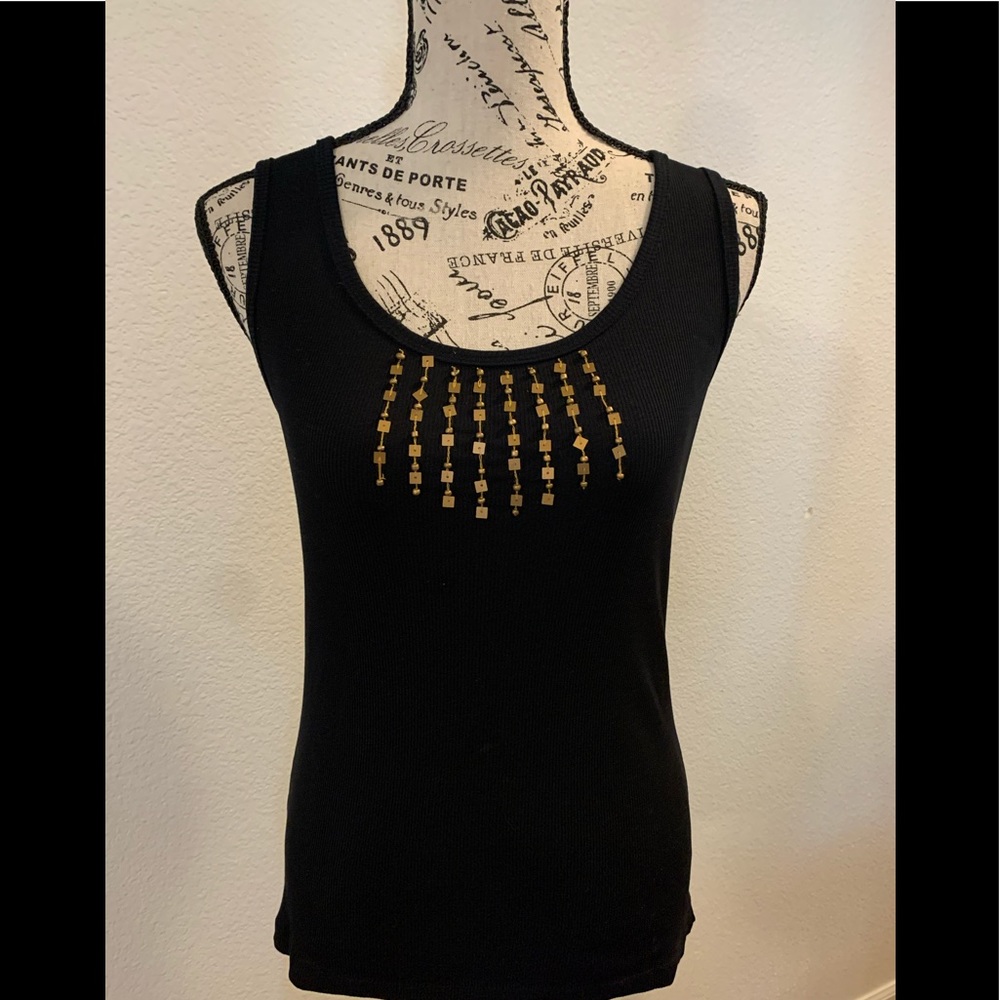 Woman’s Gold Beaded Black Tank Top